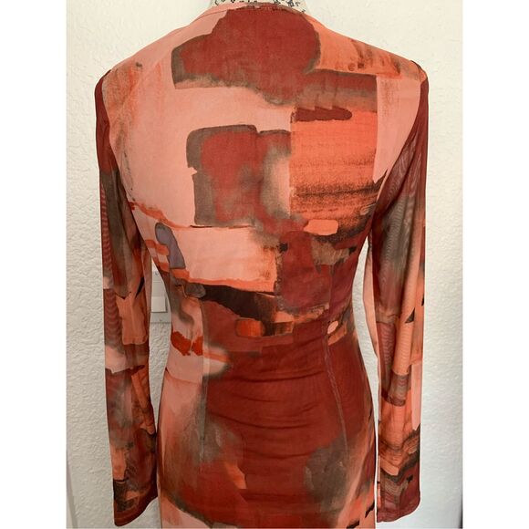 VICI Fall Baecation Printed Long Sleeve Mesh Midi Dress Red, Rust Size M - Picture 8 of 12
